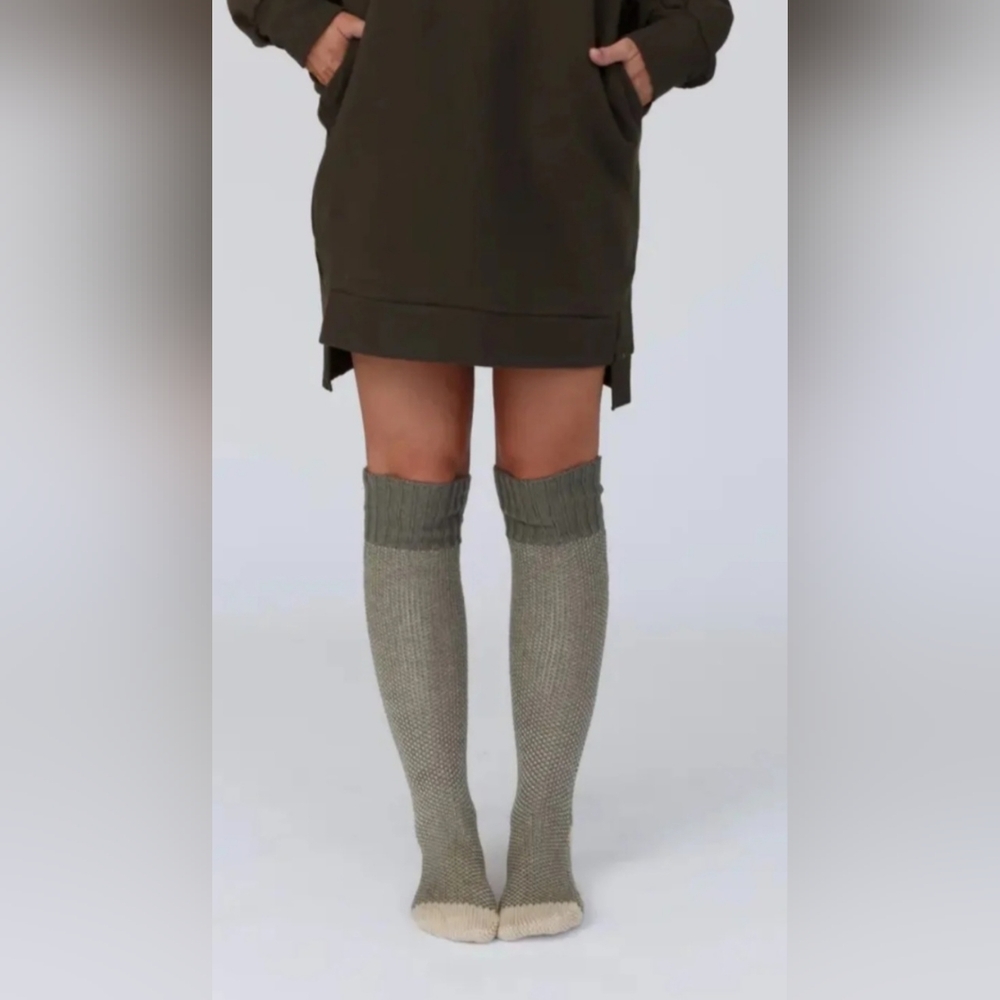 Knee-High Knit Socks in Olive and Cream